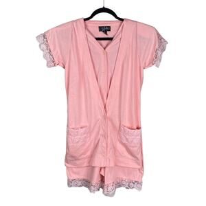 Vtg 80s Crazy 4U Pastel Pink Lace Trim Coquette Babydoll Romper Playsuit SZ S